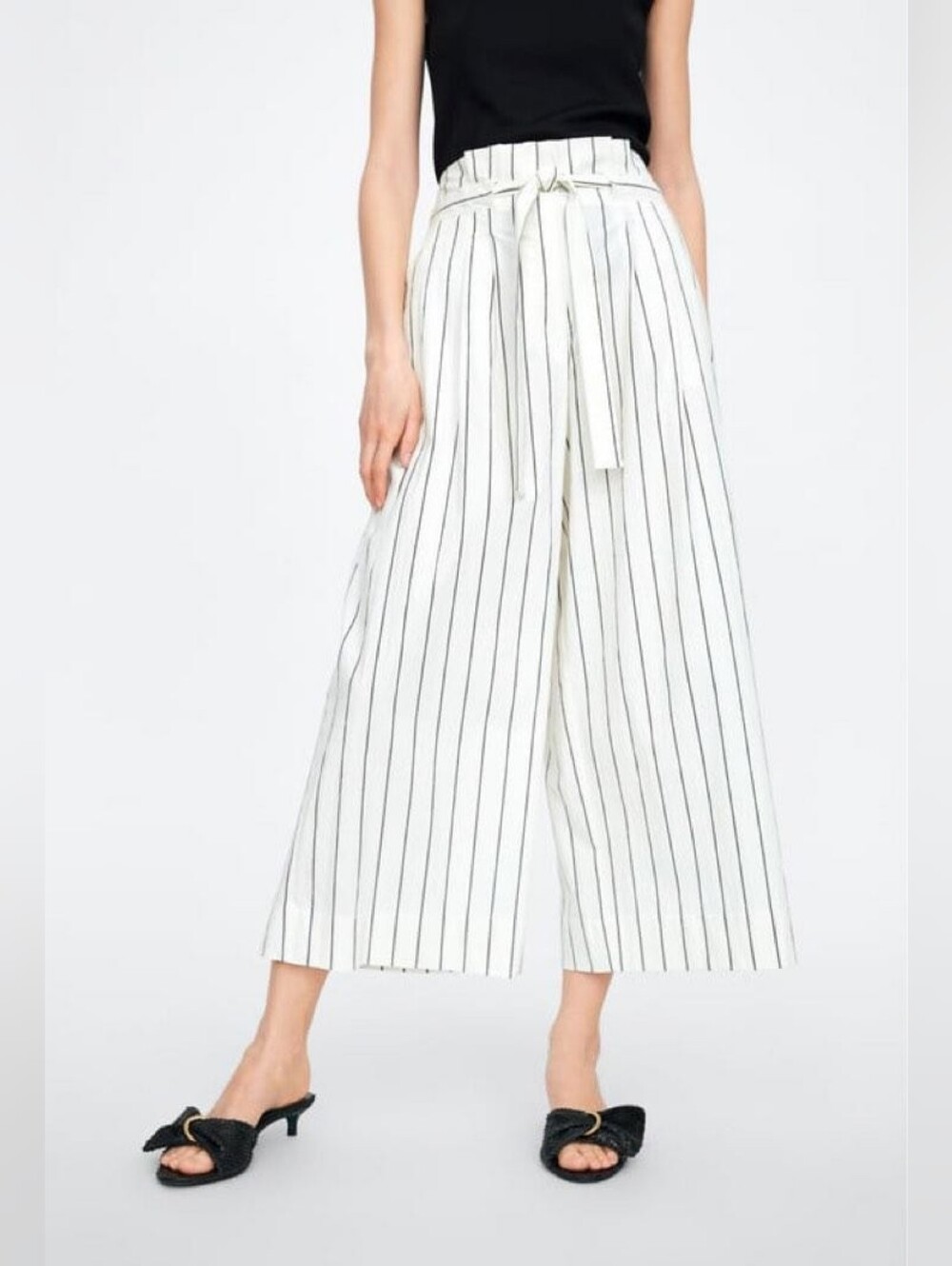 Zara Cotton Striped Belted Wide Leg Culotte Cropped Pants White Small NWT